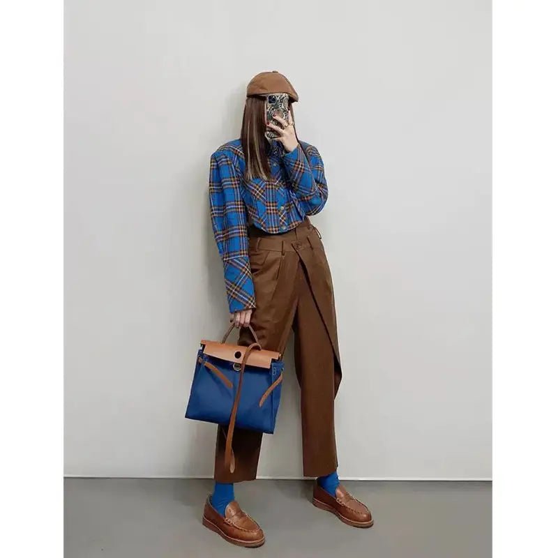 Vintage Plaid blue brown Shirt blouse. - GoSobiShop Boutique