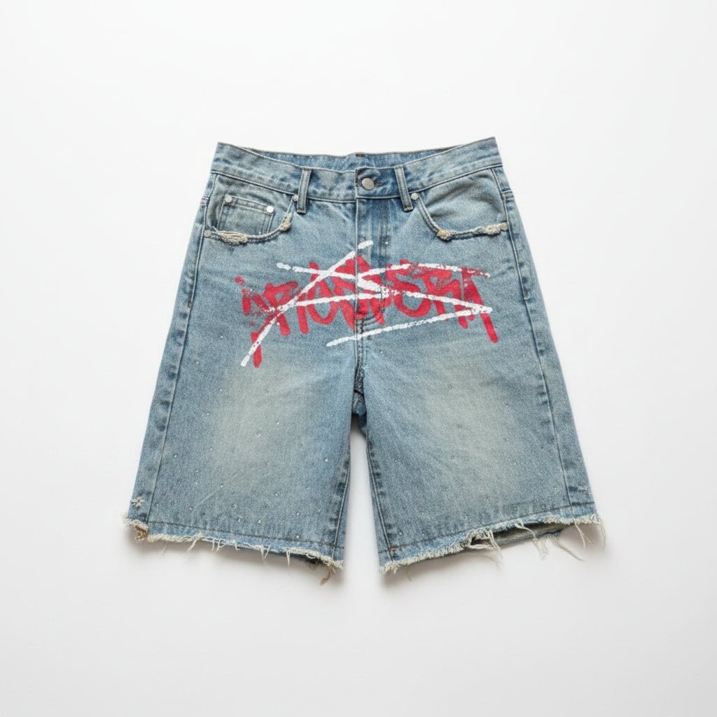 Washed red graffiti jorts luxury street wear. - GoSobiShop Boutique