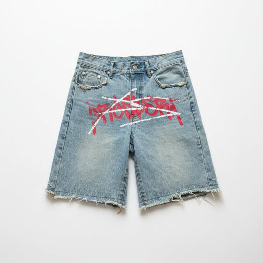 Washed red graffiti jorts luxury street wear. - GoSobiShop Boutique