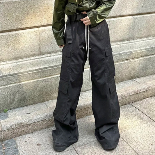 Wide Leg Drawstring Black Cargo Pants Unisex Straight Baggy Loose Oversized shoes covering Trousers - GoSobiShop Boutique