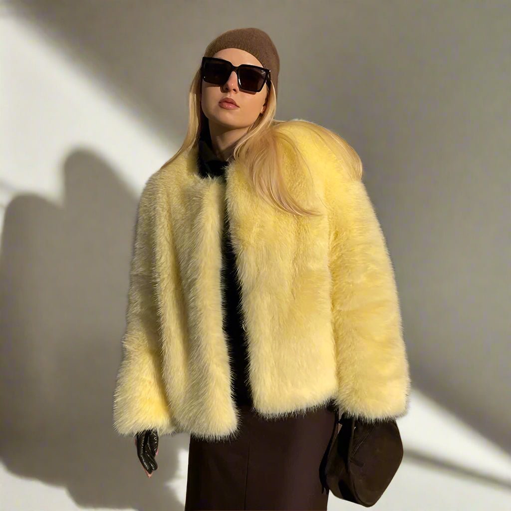 Yellow Faux Fur jacket fall coat - GoSobiShop Boutique