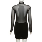Ladies classy Long Sleeve Party Mesh velvet black Mini Dress